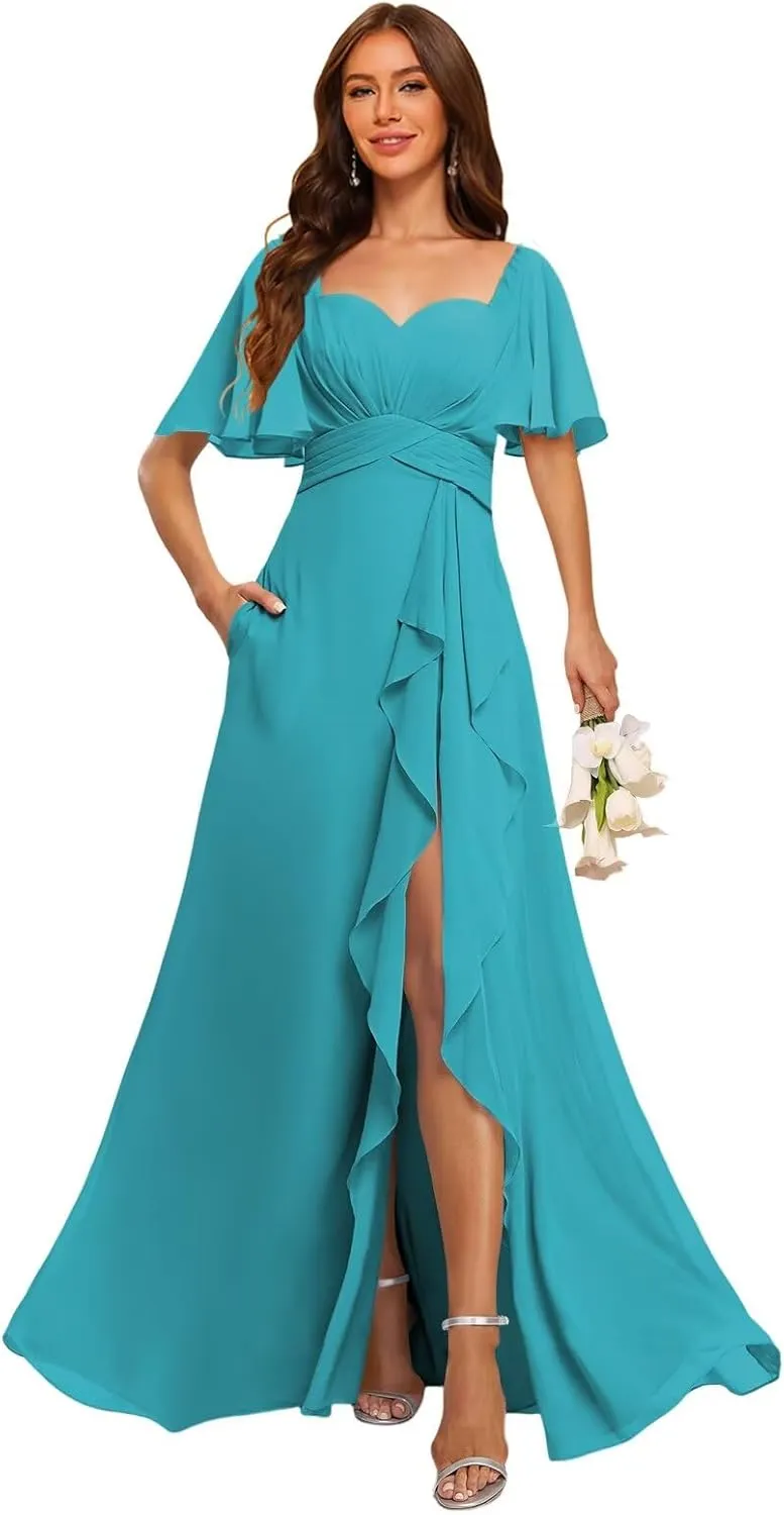 Stylefun A Line Chiffon Bridesmaid Dresses with Slit Flutter Sleeve Formal Party Dress CYM272