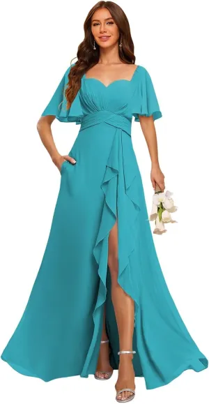 Stylefun A Line Chiffon Bridesmaid Dresses with Slit Flutter Sleeve Formal Party Dress CYM272