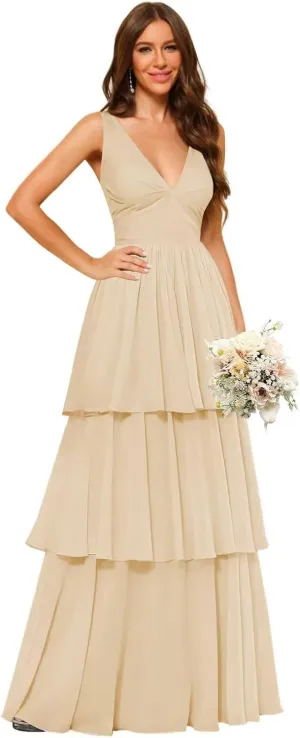 Stylefun Tiered Ruffles Bridesmaid Dresses Long A Line 2025 V Neck Formal Evening Dress with Ruffles CYM294