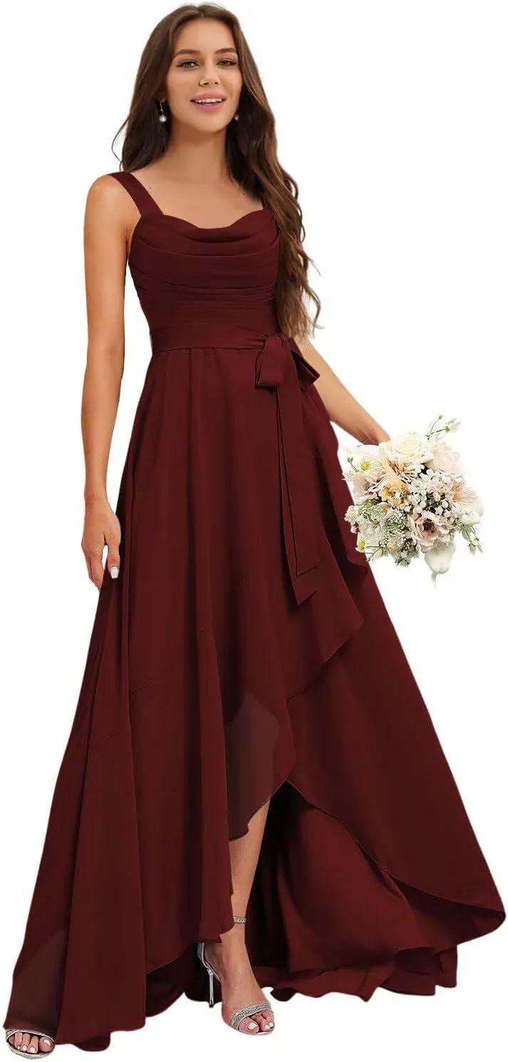 Stylefun Women's Square Neck Bridesmaid Dresses Long Asymmetrical A Line Chiffon Formal Dress with Belt CYM218