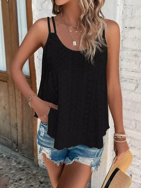 Summer Tank Tops Embroidery for Women Sleeveless Loose Fit Scoop Neck Casual Blouse Sexy Cute Cami for Womens Trendy