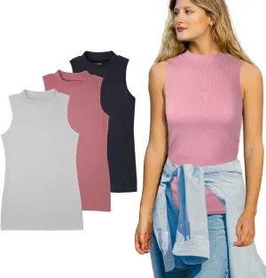 SUMONA 3 Pack Assorted Colors Everyday Casual Cotton Blend Mock High Neck Tank Tops