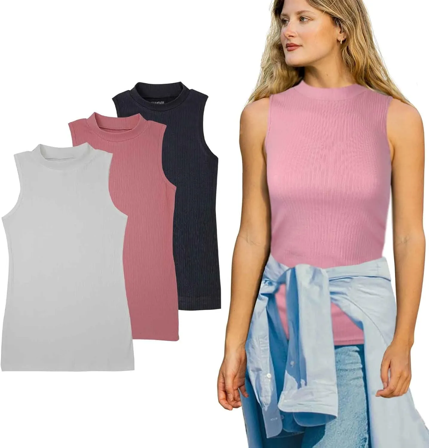 SUMONA 3 Pack Assorted Colors Everyday Casual Cotton Blend Mock High Neck Tank Tops