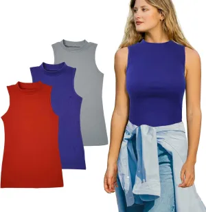 SUMONA 3 Pack Assorted Colors Everyday Casual Cotton Blend Mock High Neck Tank Tops
