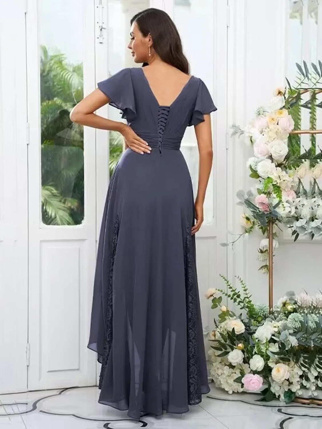 Tea Length Mother of The Bride Dresses for Wedding Lace Appliques Chiffon Ruffle Sleeves Long Bridesmaid Dress