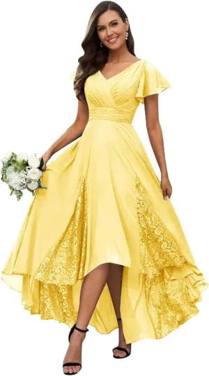 Tea Length Mother of The Bride Dresses for Wedding Lace Appliques Chiffon Ruffle Sleeves Long Bridesmaid Dress