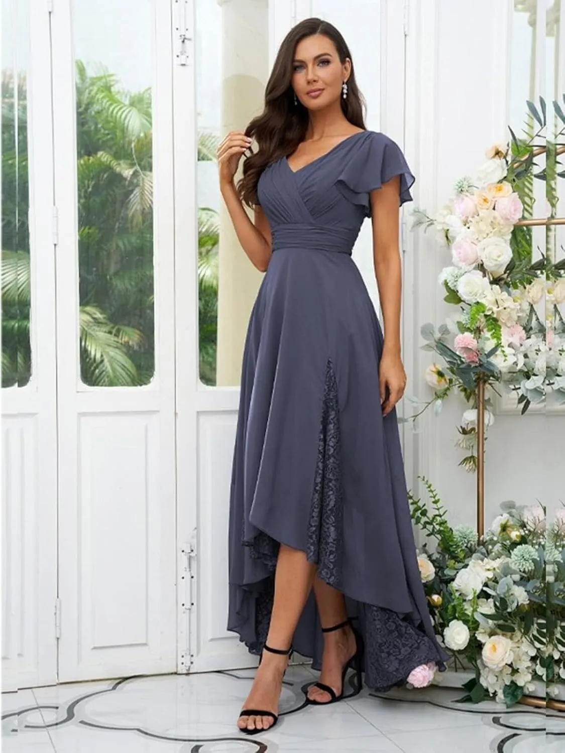 Tea Length Mother of The Bride Dresses for Wedding Lace Appliques Chiffon Ruffle Sleeves Long Bridesmaid Dress