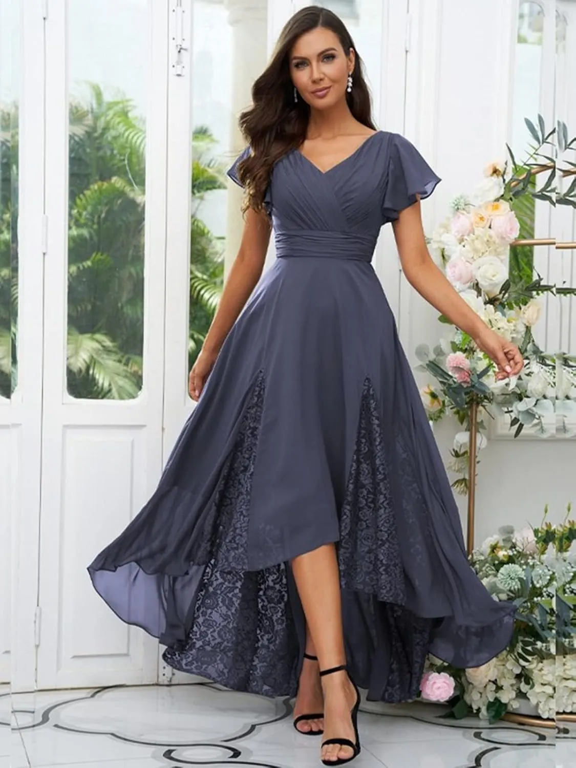 Tea Length Mother of The Bride Dresses for Wedding Lace Appliques Chiffon Ruffle Sleeves Long Bridesmaid Dress