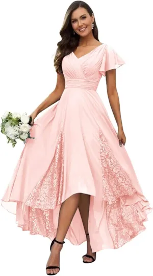 Tea Length Mother of The Bride Dresses for Wedding Lace Appliques Chiffon Ruffle Sleeves Long Bridesmaid Dress