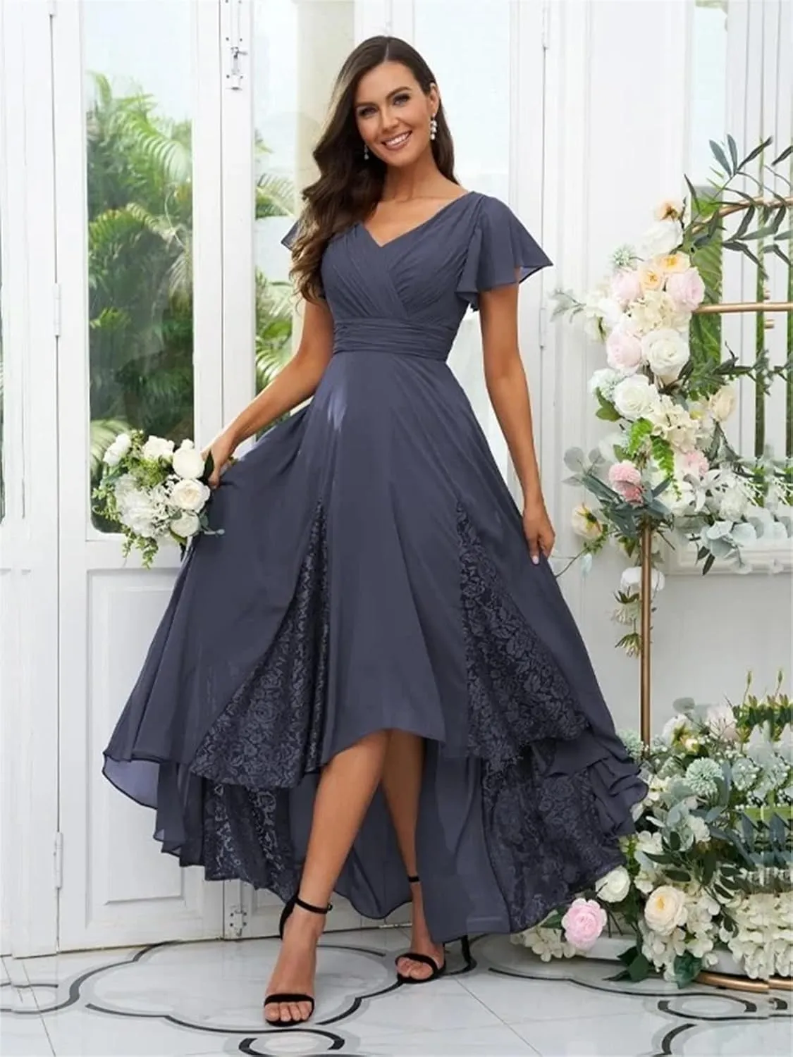 Tea Length Mother of The Bride Dresses for Wedding Lace Appliques Chiffon Ruffle Sleeves Long Bridesmaid Dress