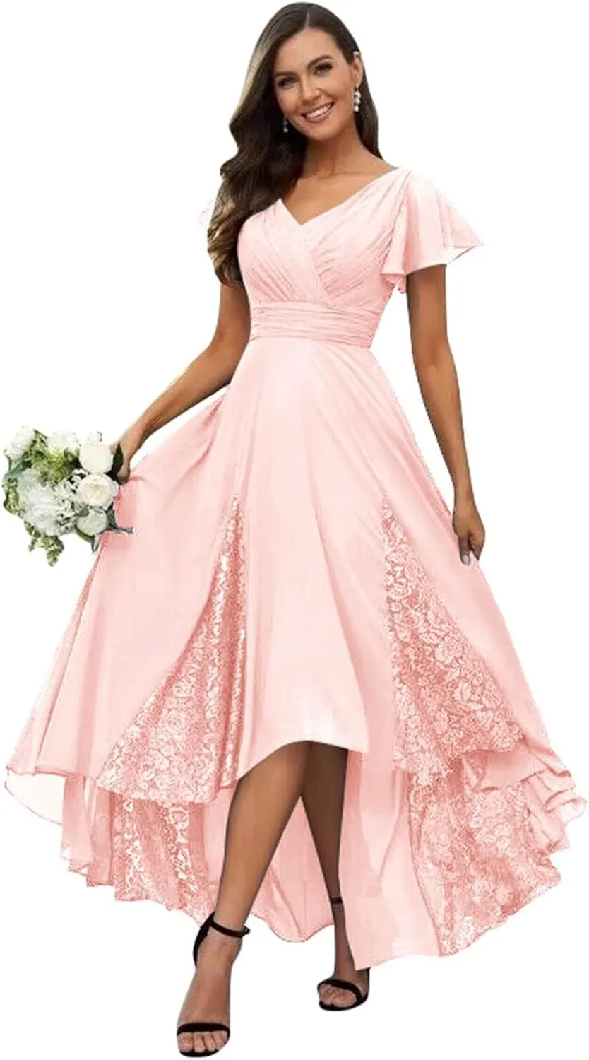 Tea Length Mother of The Bride Dresses for Wedding Lace Appliques Chiffon Ruffle Sleeves Long Bridesmaid Dress