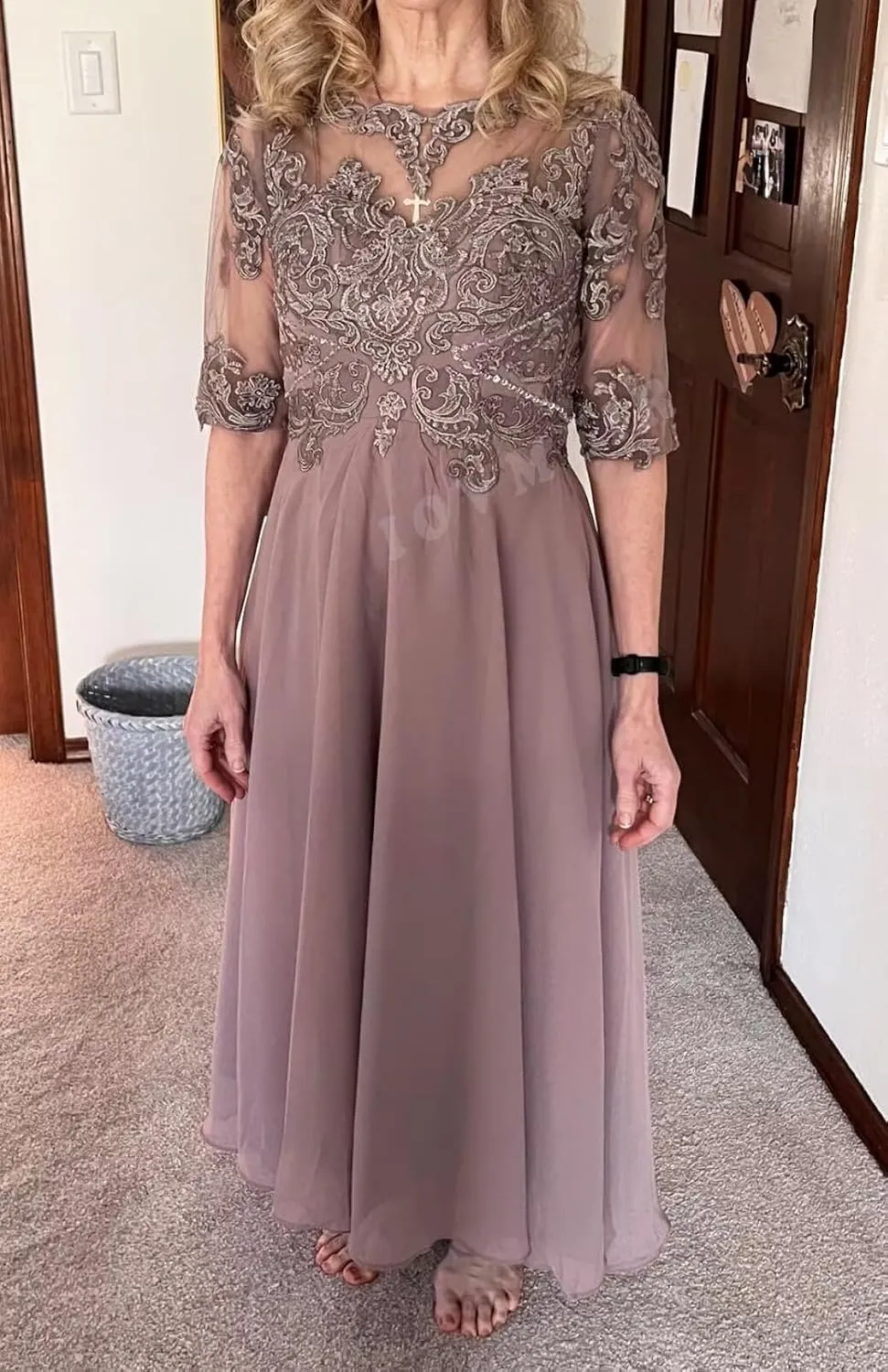 Tea Length Mother of The Groom Dresses for Wedding 1/2 Sleeves Applique Lace Formal Evening Gowns for Women