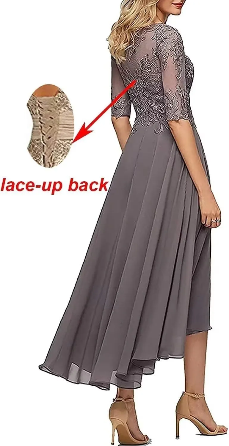 Tea Length Mother of The Groom Dresses for Wedding 1/2 Sleeves Applique Lace Formal Evening Gowns for Women
