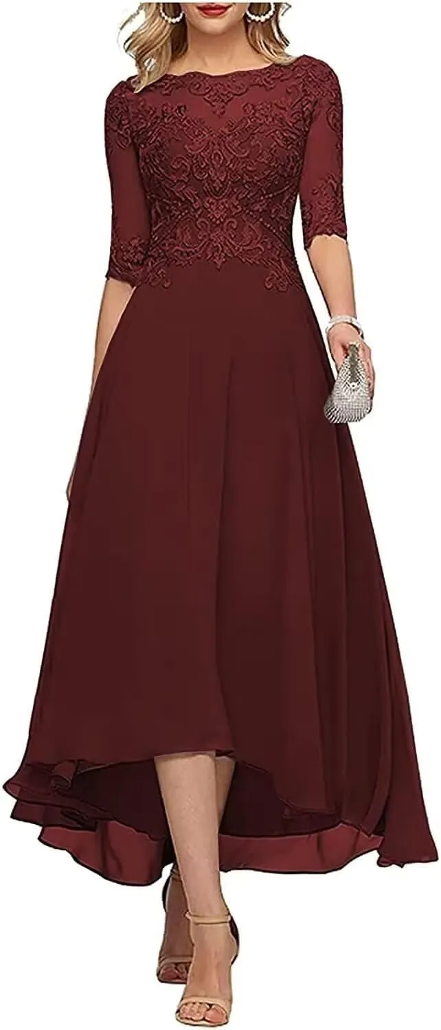 Tea Length Mother of The Groom Dresses for Wedding 1/2 Sleeves Applique Lace Formal Evening Gowns for Women