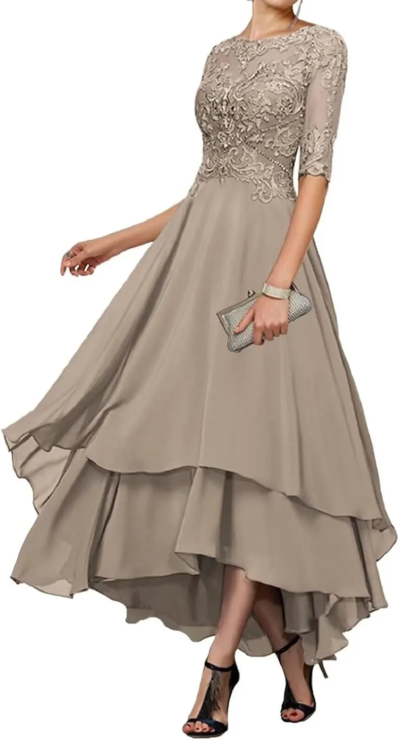 Tea Length Mother of The Groom Dresses for Wedding 1/2 Sleeves Applique Lace Formal Evening Gowns for Women