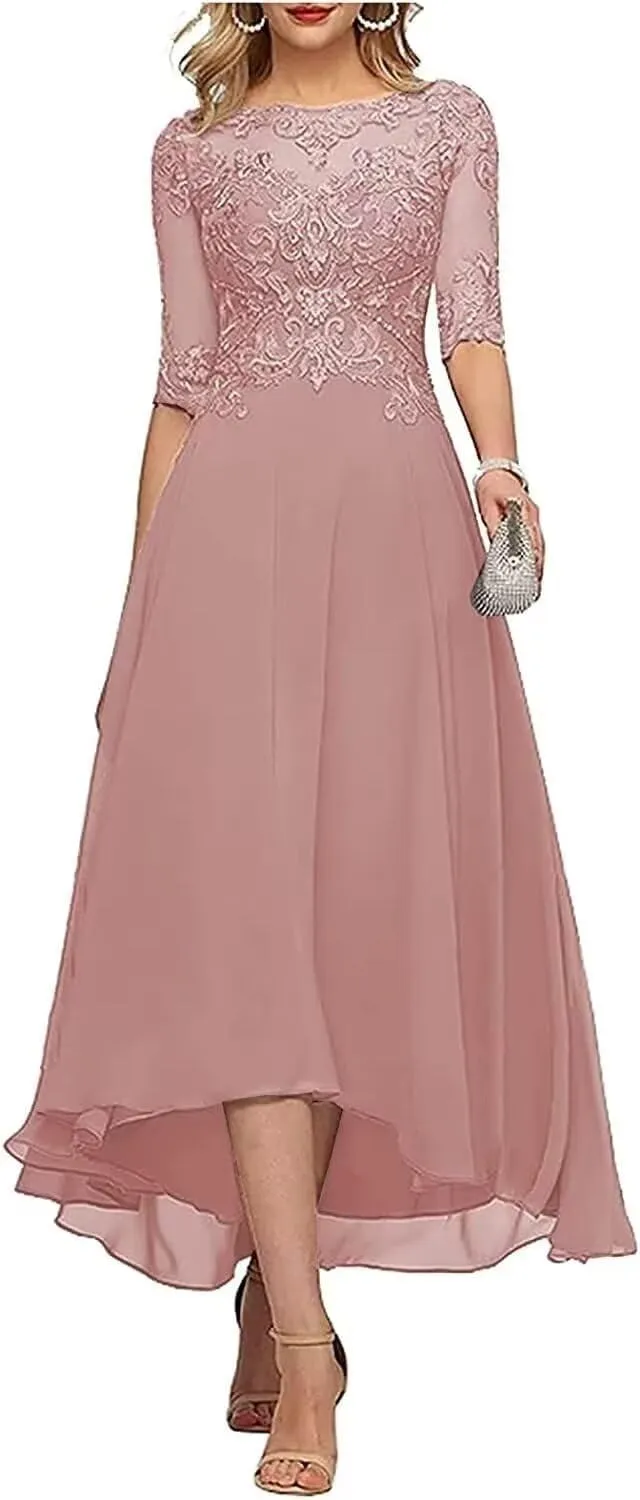 Tea Length Mother of The Groom Dresses for Wedding 1/2 Sleeves Applique Lace Formal Evening Gowns for Women