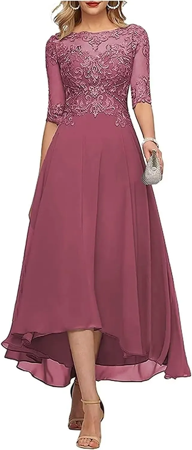 Tea Length Mother of The Groom Dresses for Wedding 1/2 Sleeves Applique Lace Formal Evening Gowns for Women
