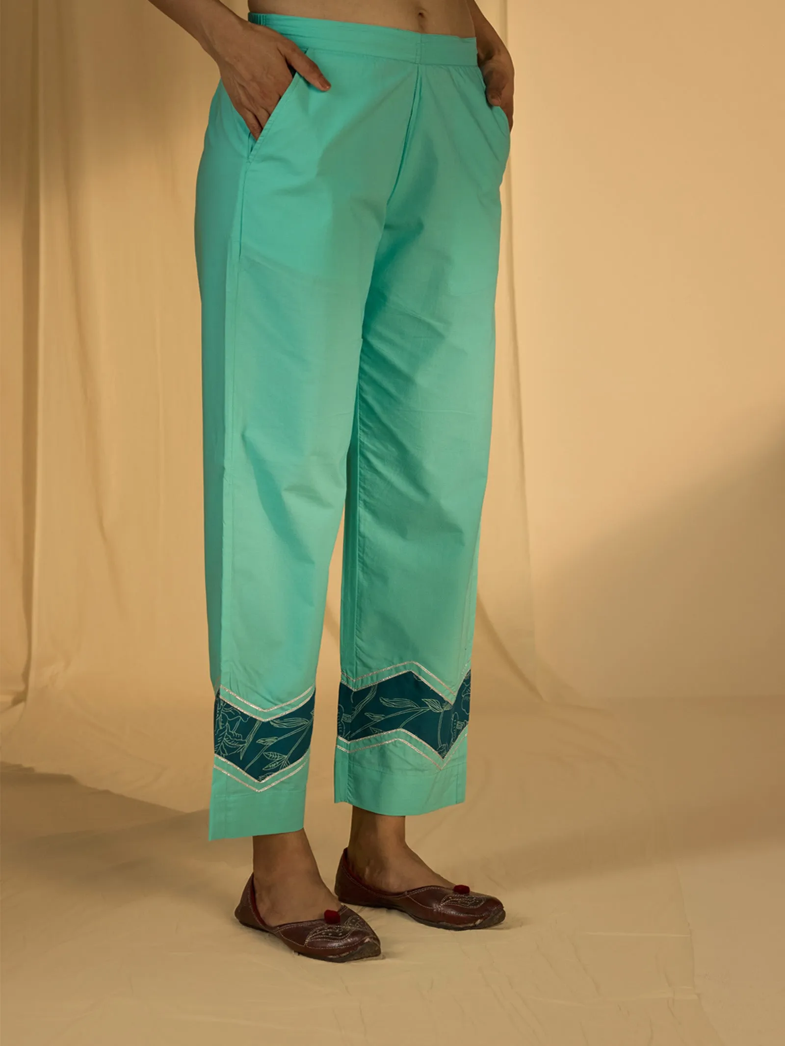 Teal Cotton Straight Pant