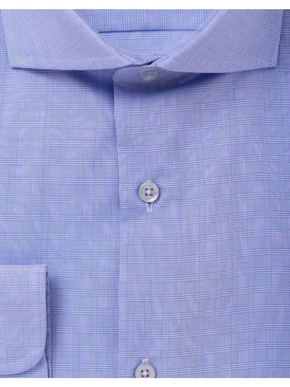 The Suit Depot Mens 100% Cotton Blue Plaid Cutaway Collar Slim Fit Dress Shirt