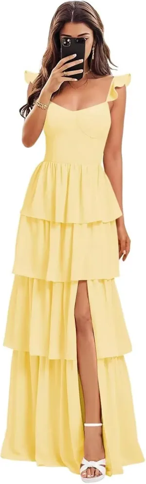 Tiered Ruffle Bridesmaid Dresses for Women 2025 A Line Chiffon Formal Evening Prom Dress with High Slit