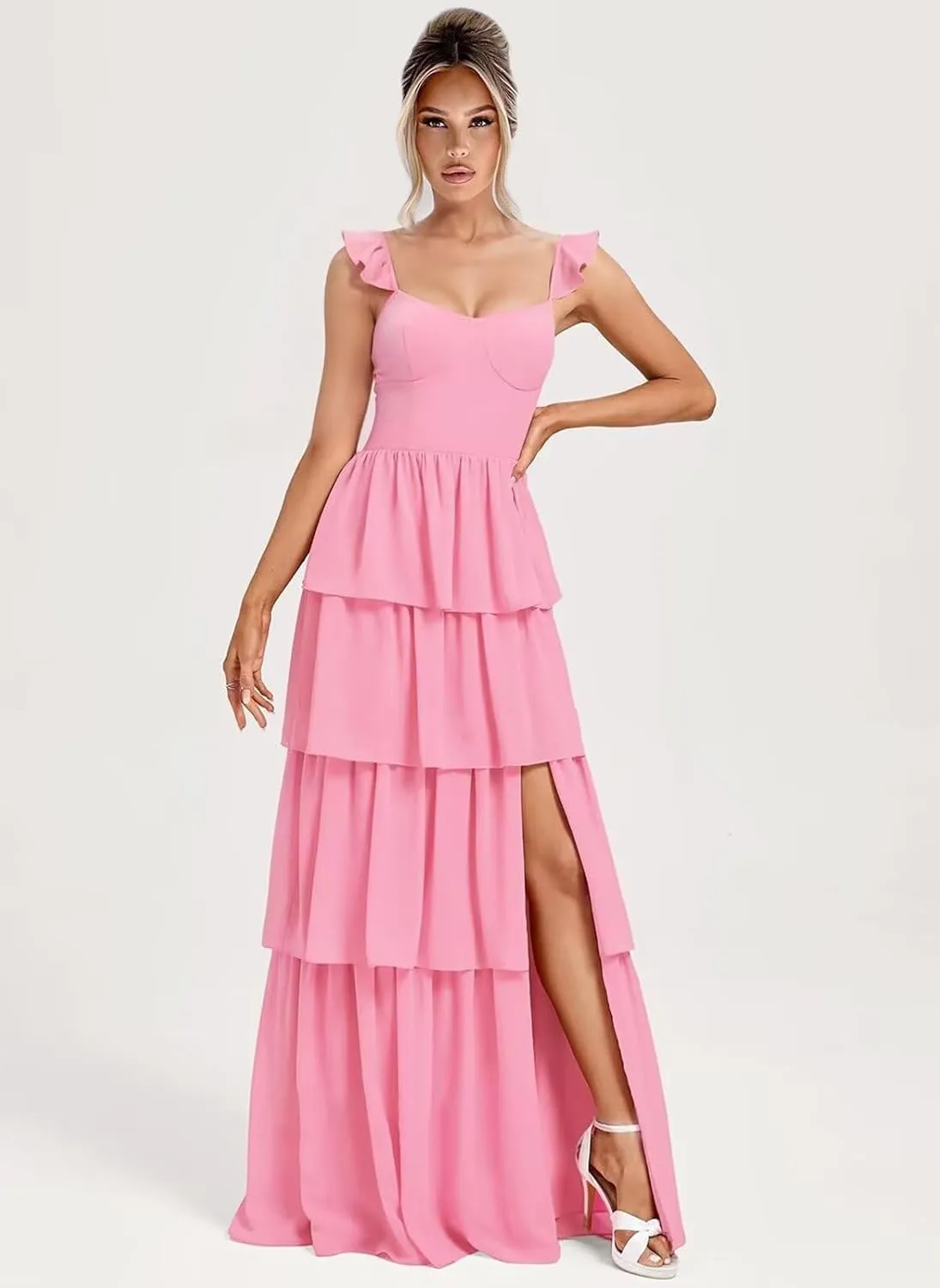 Tiered Ruffle Bridesmaid Dresses for Women 2025 A Line Chiffon Formal Evening Prom Dress with High Slit