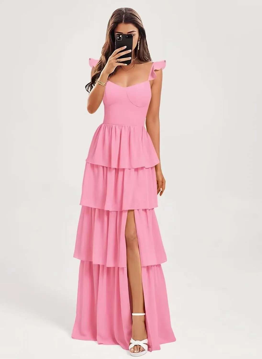 Tiered Ruffle Bridesmaid Dresses for Women 2025 A Line Chiffon Formal Evening Prom Dress with High Slit