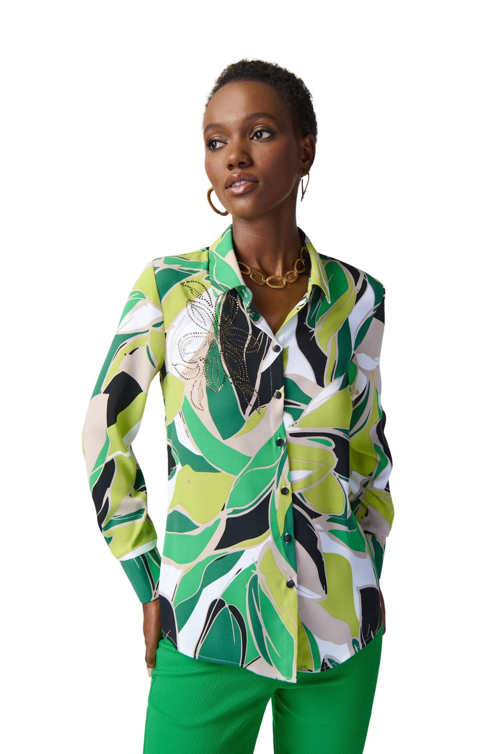Tropical Print Woven Button Down Blouse