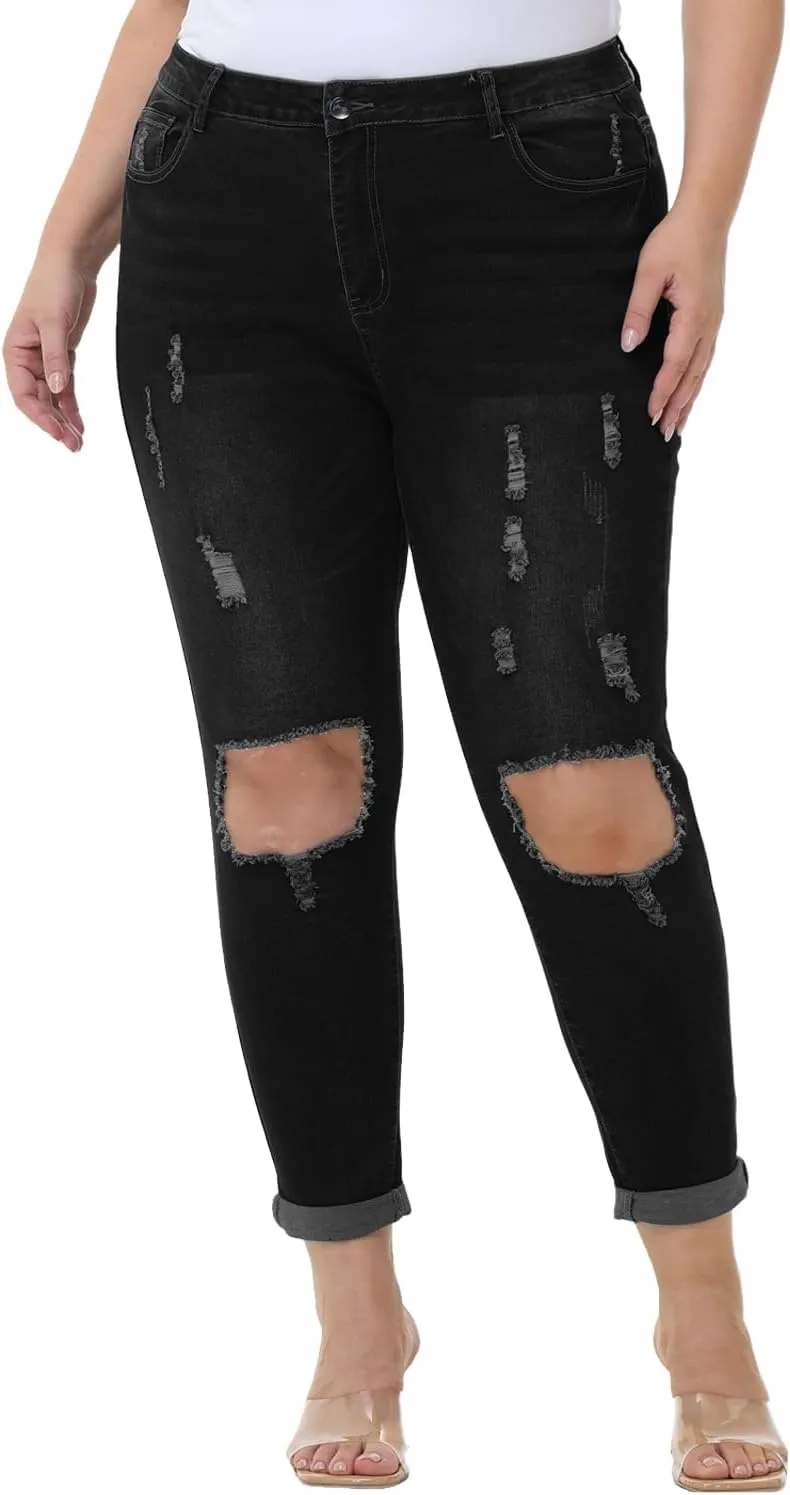 Tulucky Women's Plus Size Boyfriend Jeans Distressed Ripped Denim Pants Comfy Stretch Skinny Jeans