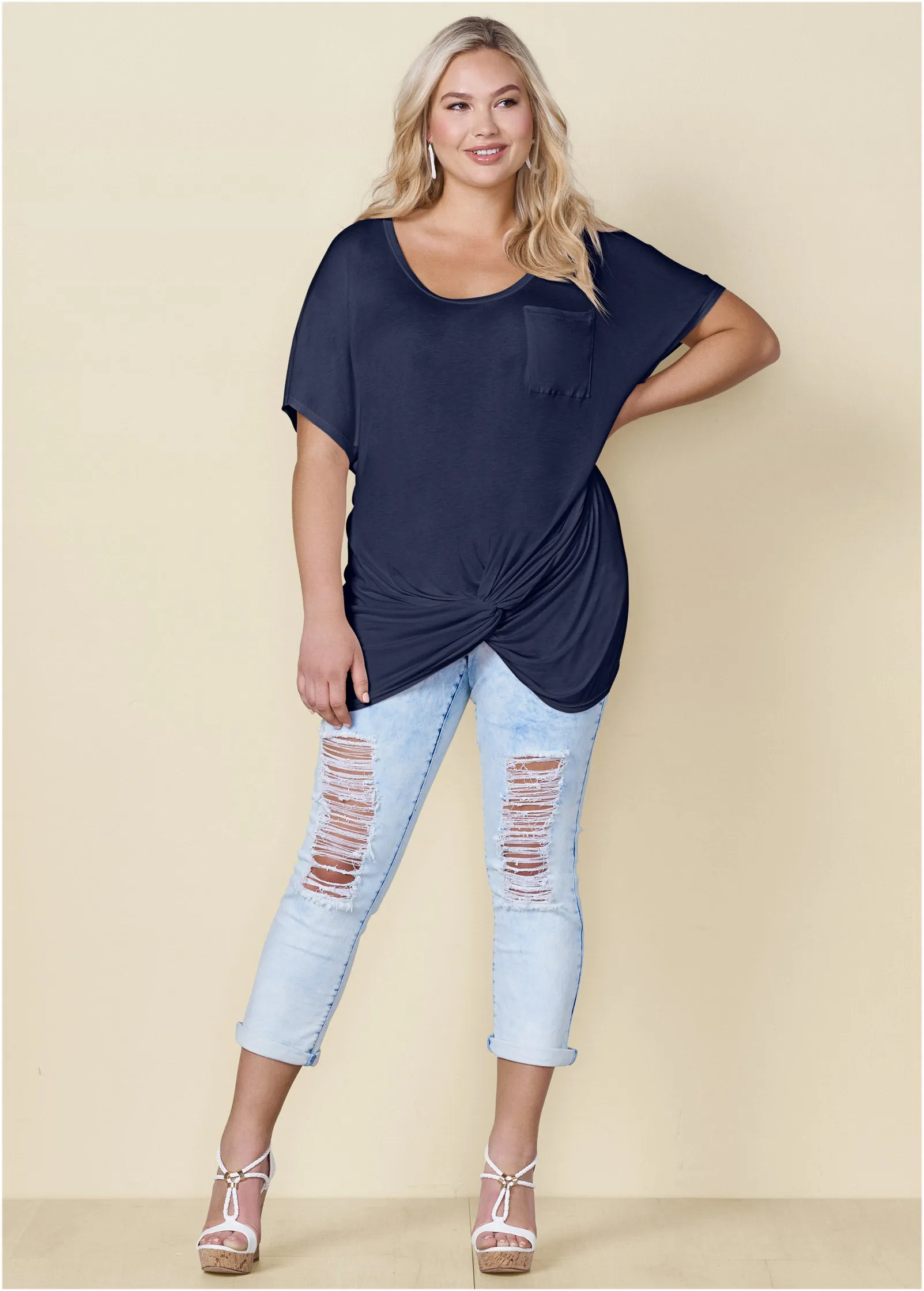 Twisted Knot Detail Tee - Navy