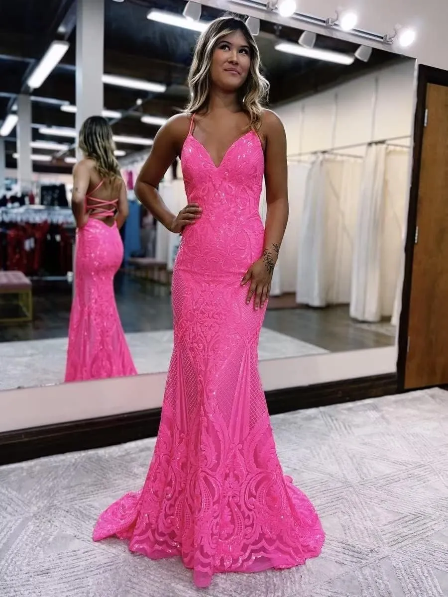 VCCICANY Mermaid Prom Dresses for Women Sequins Tulle Lace Applique Backless Long Formal Dress Evening Gown