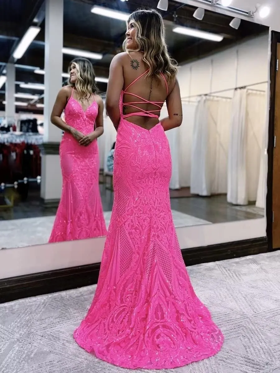 VCCICANY Mermaid Prom Dresses for Women Sequins Tulle Lace Applique Backless Long Formal Dress Evening Gown