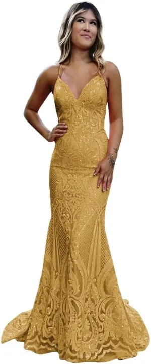 VCCICANY Mermaid Prom Dresses for Women Sequins Tulle Lace Applique Backless Long Formal Dress Evening Gown