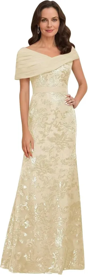 VCCICANY Sequin Mermaid Mother of The Bride Dresses for Women Chiffon Off Shoulder Ruched Long Formal Evening Gowns