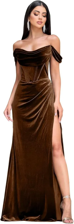Velvet Long Prom Dress with Slit 2025 Off Shoulder Mermaid Bridesmaid Dress for Women Formal Evening Party Gown