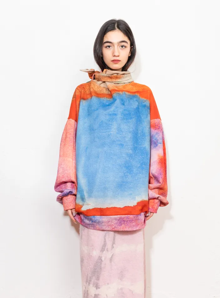 Watercolor Print Tie Neck Sweater
