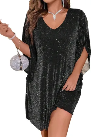 WDIRARA Women's Glitter Plus Size Cloak Long Sleeve V Neck Flared Layer Hem Casual Loose Dress