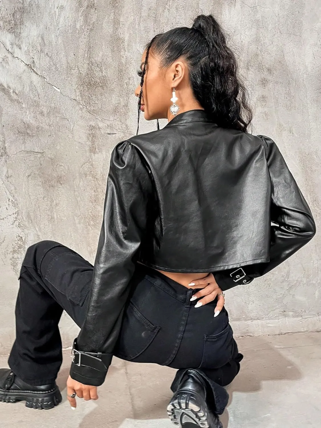 WDIRARA Women's Leather Buckle Belted Neck Long Sleeve Jacket Short Outwear Tops