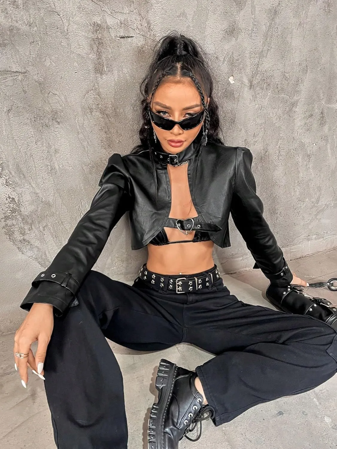 WDIRARA Women's Leather Buckle Belted Neck Long Sleeve Jacket Short Outwear Tops