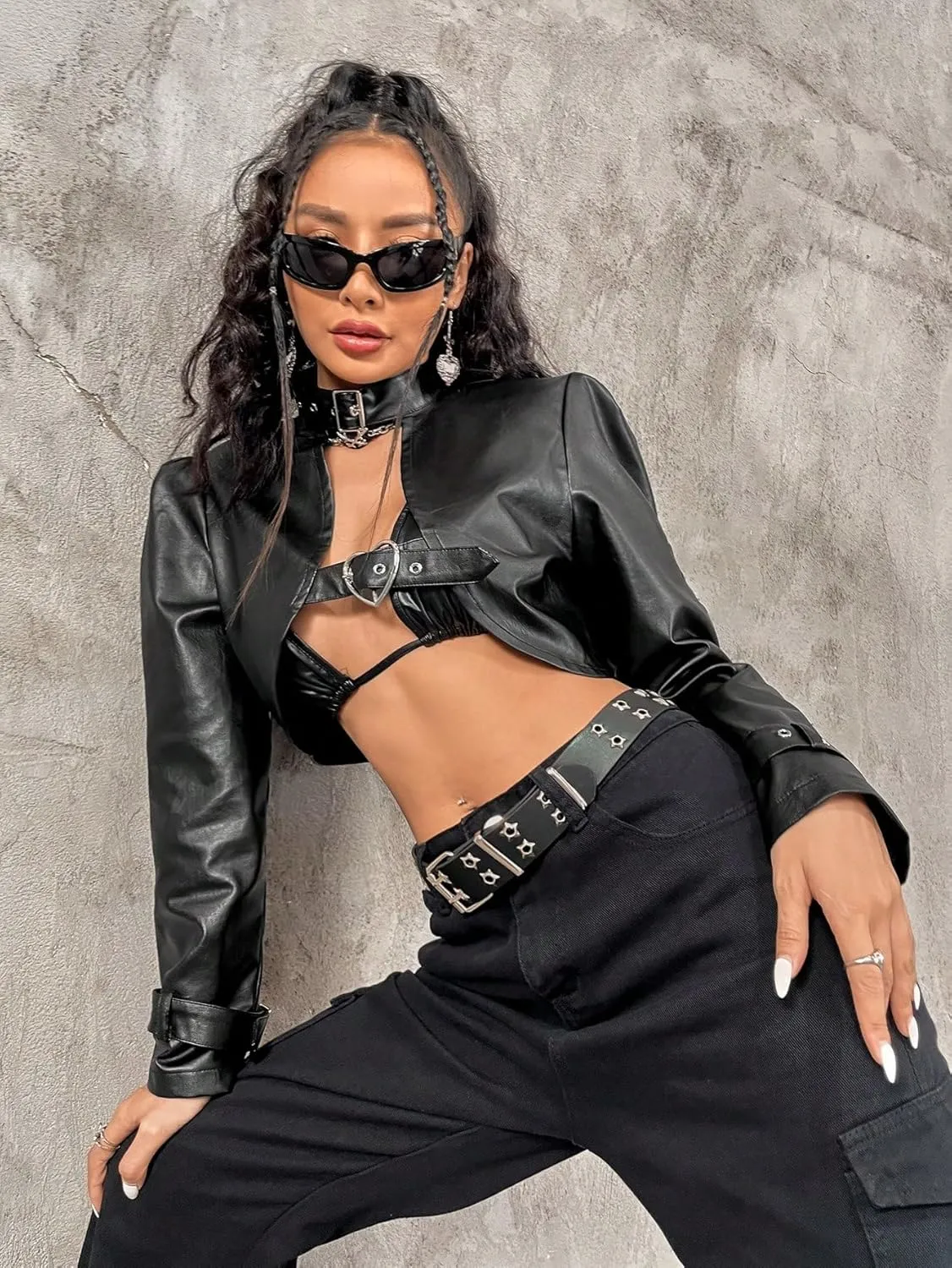 WDIRARA Women's Leather Buckle Belted Neck Long Sleeve Jacket Short Outwear Tops