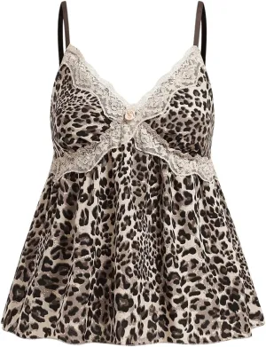 WDIRARA Women's Plus Size Leopard Print Lace Trim Cami Tops Flared Hem Smocked Back Top