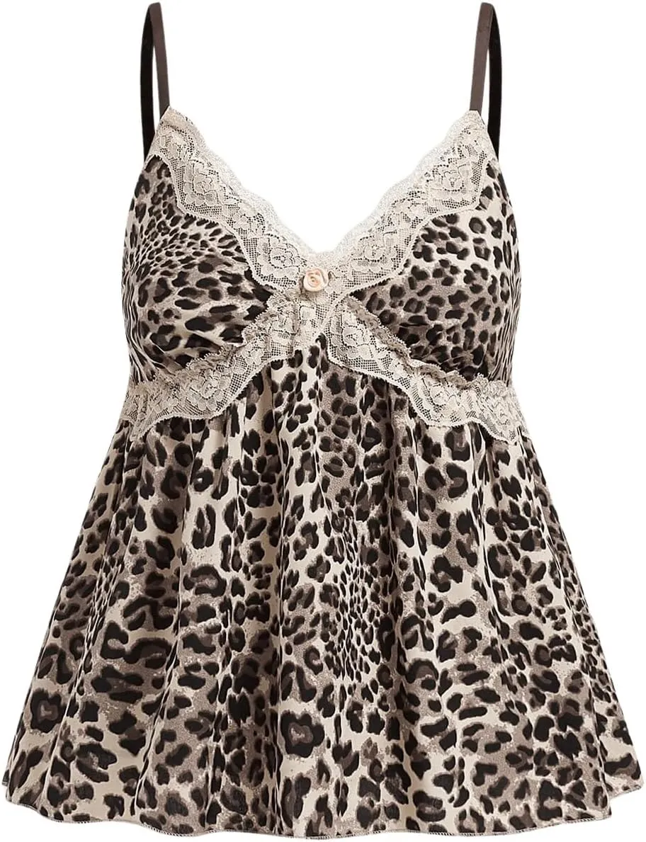 WDIRARA Women's Plus Size Leopard Print Lace Trim Cami Tops Flared Hem Smocked Back Top