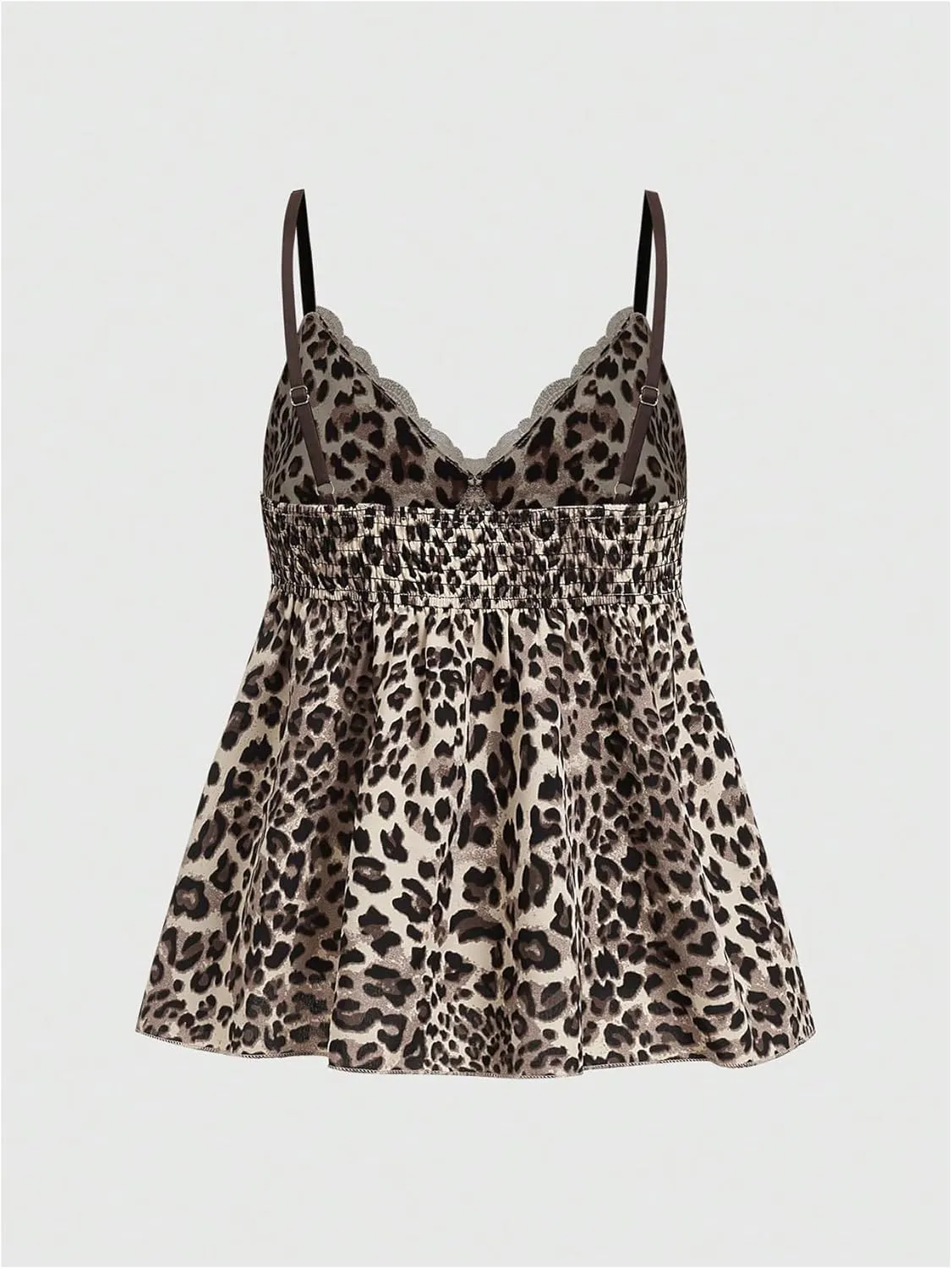 WDIRARA Women's Plus Size Leopard Print Lace Trim Cami Tops Flared Hem Smocked Back Top
