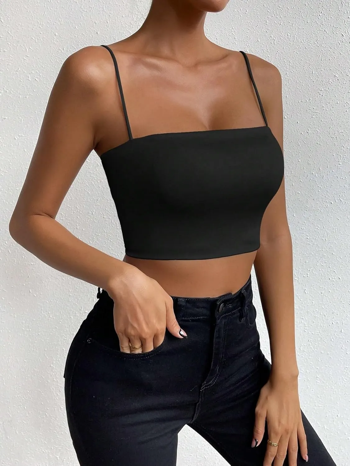 WDIRARA Women's Spaghetti Strap Solid Crop Cami Top Sleeveless Basic Cami Tank Tops