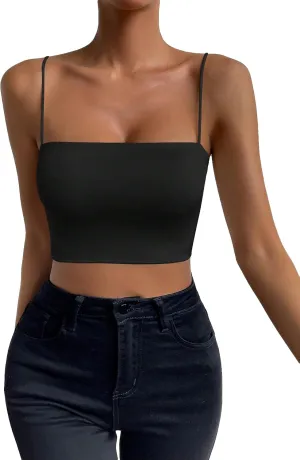 WDIRARA Women's Spaghetti Strap Solid Crop Cami Top Sleeveless Basic Cami Tank Tops