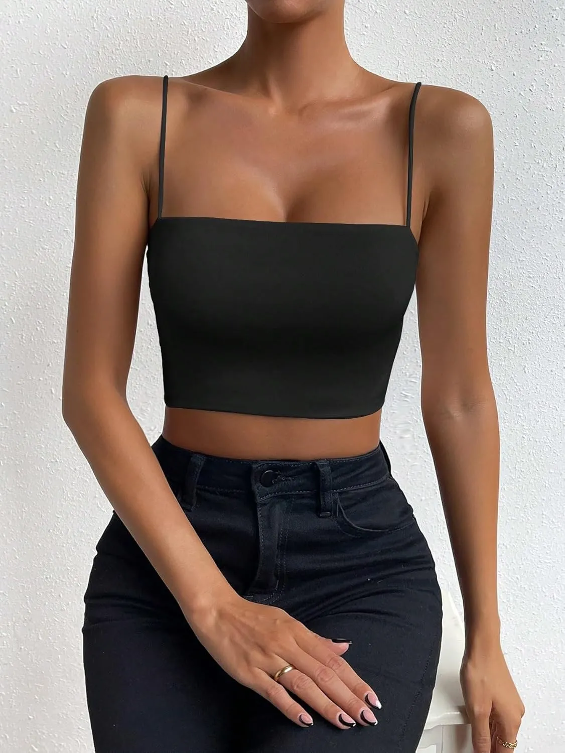 WDIRARA Women's Spaghetti Strap Solid Crop Cami Top Sleeveless Basic Cami Tank Tops