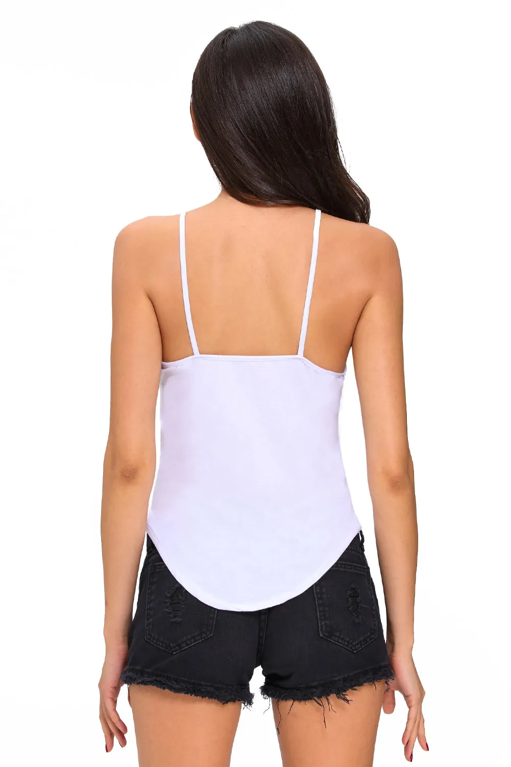 White Y Sign Hollow-out Spagehetti Straps Arched Hemline Vest