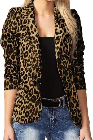 Women Casual Open Front Blazers Lady Leopard Print Turn Down Collar Single Breasted Slim Suit Coat for Work Brown M