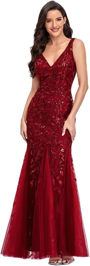 Womens Formal Dress Sleeveless V Neck Sequin Embroidery Mermaid Tulle Evening Dress