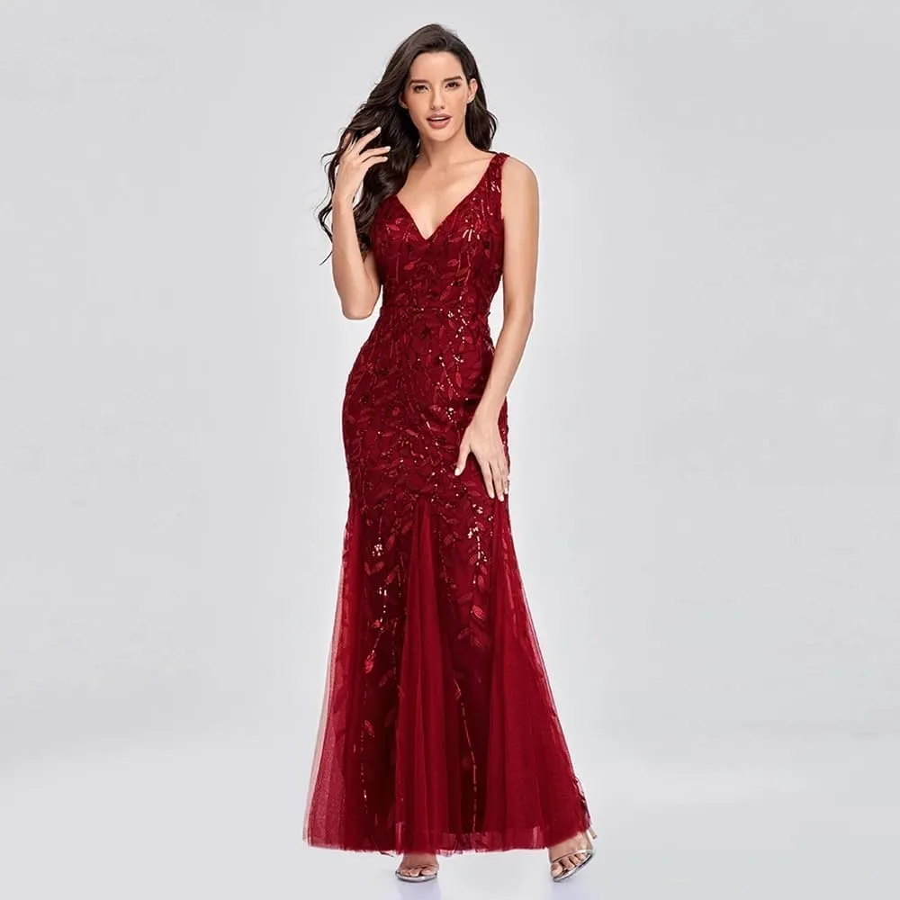 Womens Formal Dress Sleeveless V Neck Sequin Embroidery Mermaid Tulle Evening Dress
