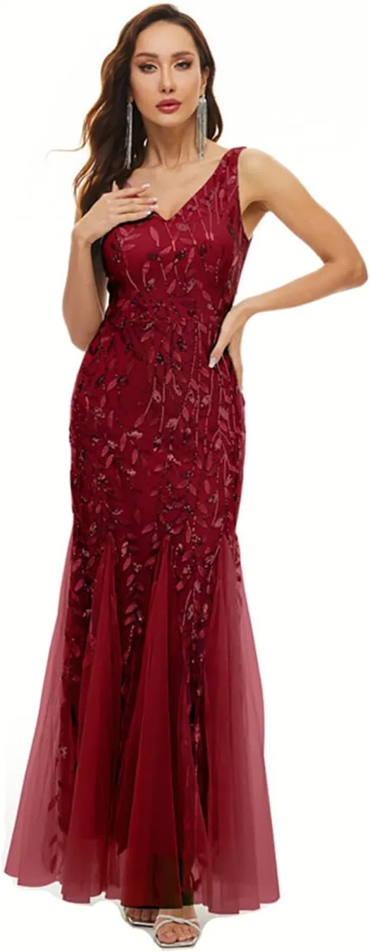 Womens Formal Dress Sleeveless V Neck Sequin Embroidery Mermaid Tulle Evening Dress